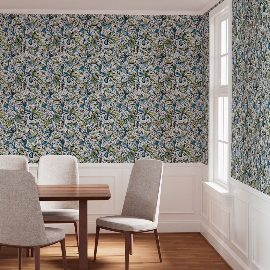 Floral Doodles Seamless Repeat Pattern in Blue and Green Wallpaper green leaves wallpaper