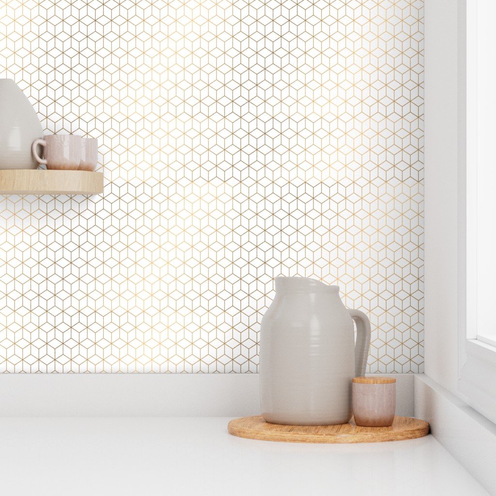 Small White and Faux Metallic Gold Art Deco 3D Geometric Cubes Wallpape faux gold metal wallpaper