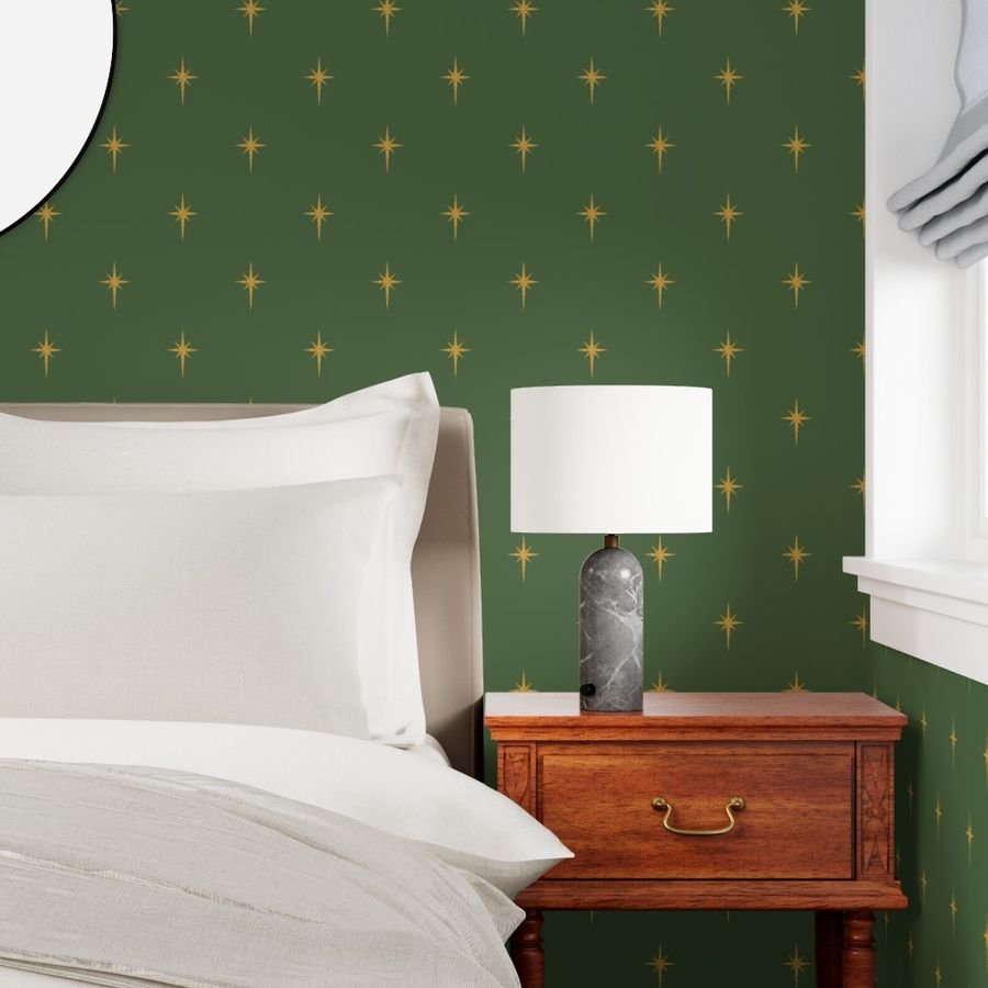 Christmas Faux Gold Foil Star in Fir Tree Green Wallpaper gold stars wallpaper
