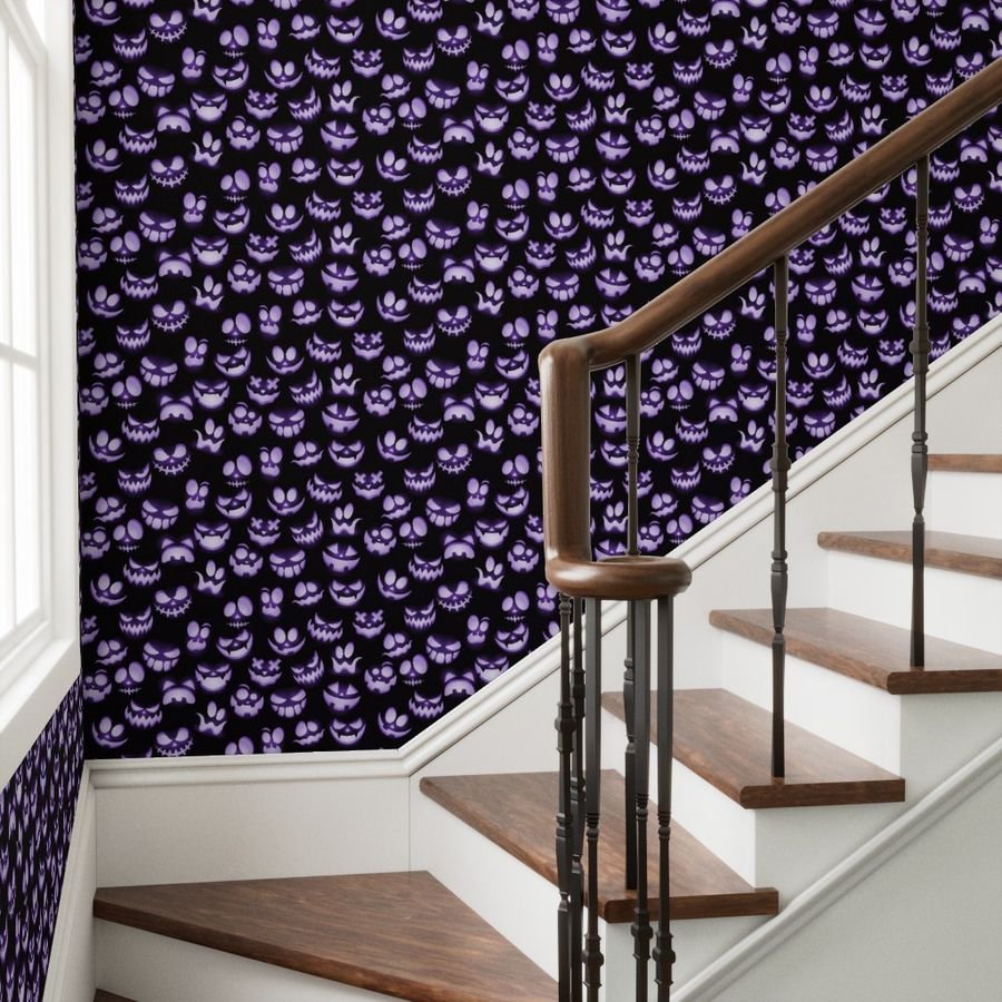 Micro Grinning Halloween Purple Faces on Black Wallpaper purple and black wallpaper