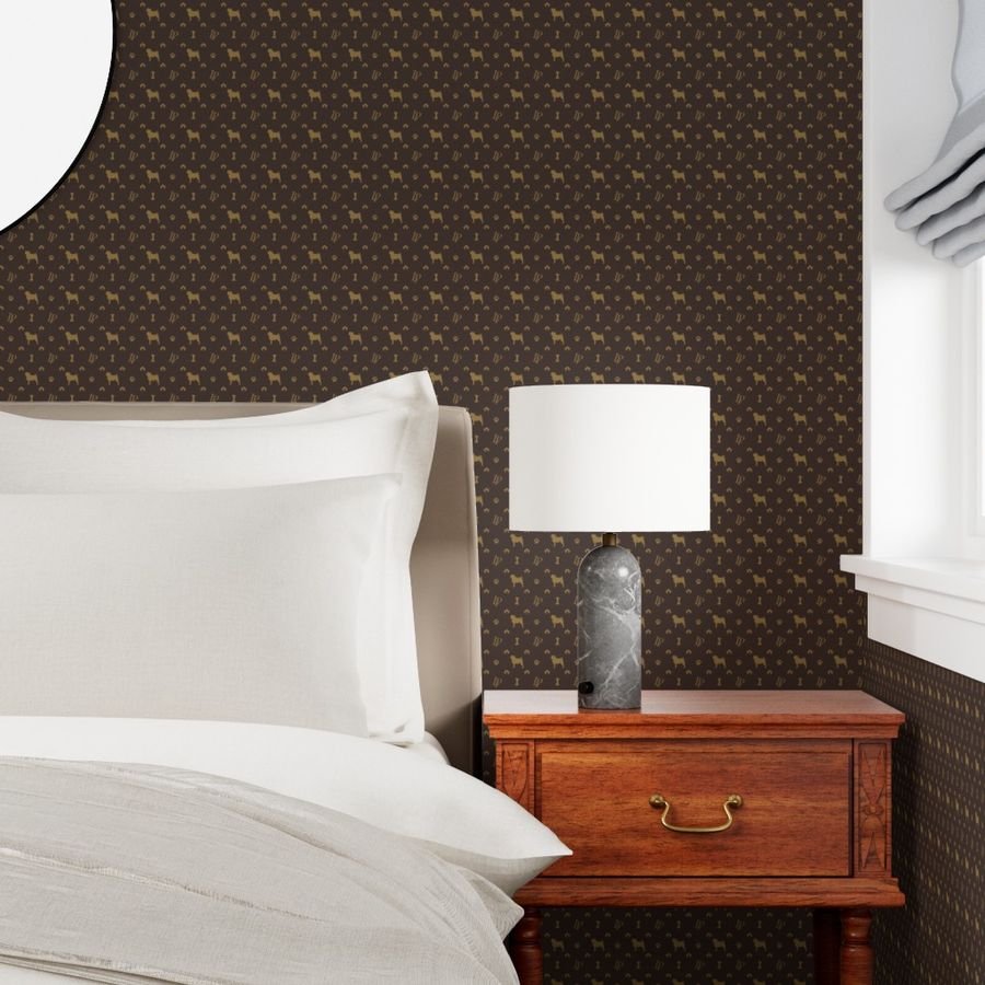 Louis Pug Face Luxury Dog Smaller Pattern in Tan on Brown Wallpaper luxury dog print wallpaper
