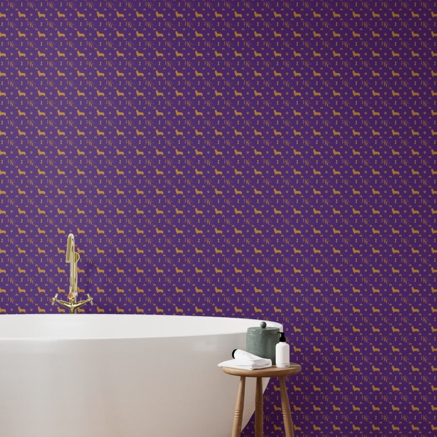 WKC Pembroke Corgis on Purple and Gold Wallpaper luxury monogram wallpaper