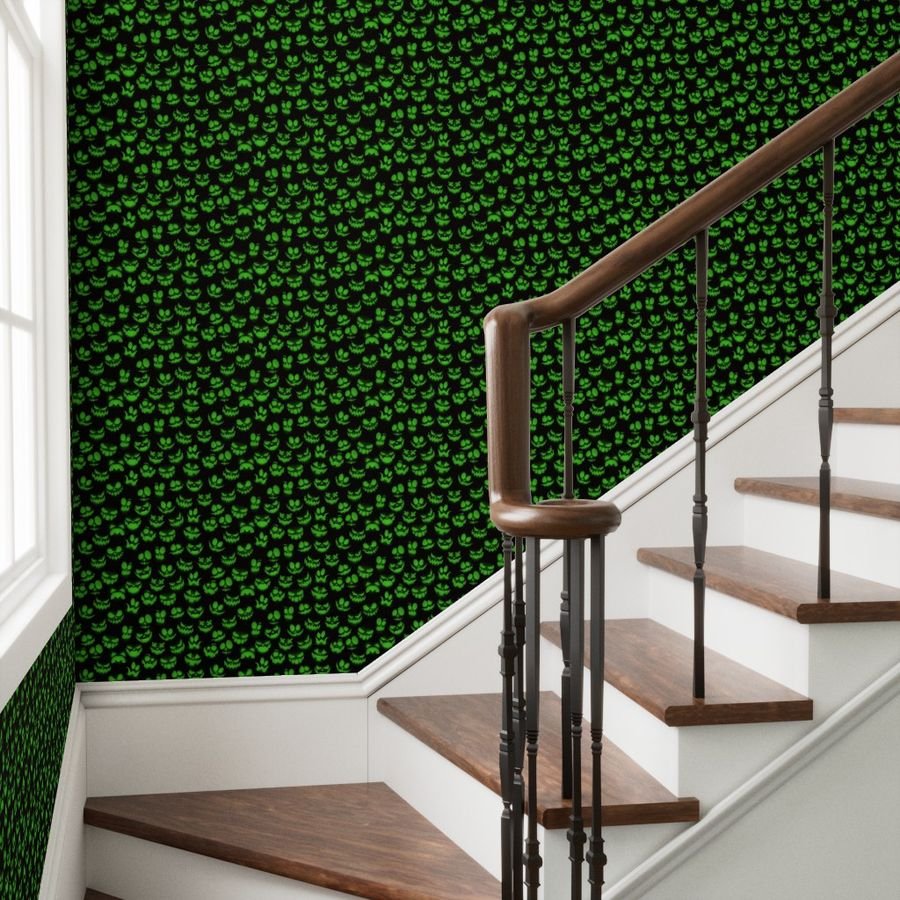 Mini Grinning Halloween Jack o Lantern Faces in Neon Green on Black Wallpaper jack o lanterns wallpaper