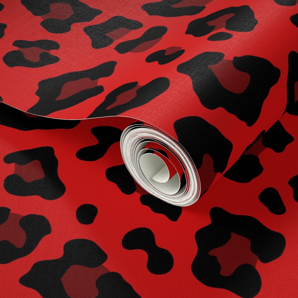 Jumbo Leopard Spots Animal Repeat Pattern Print in Red and Black Wallpaper leopard animal wallpaper