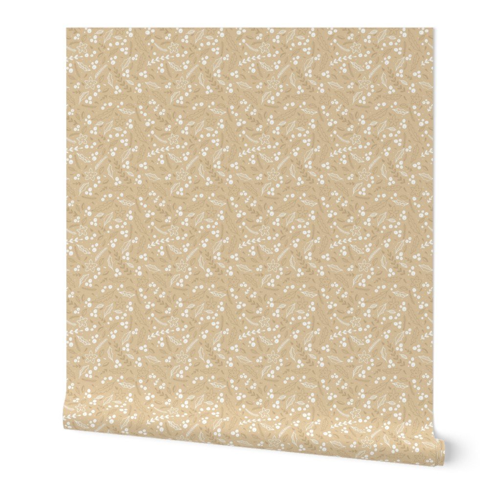 Christmas Beige and White Small Holly and Mistletoe Repeat on Pale Wallpaper pale gold wallpaper