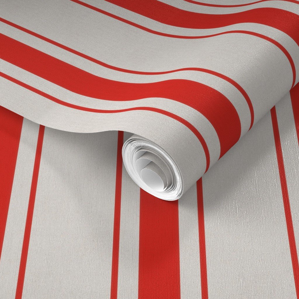 Garnet Red Antique Vintage Mattress Ticking Stripe on Cream Wallpaper mattress ticking str wallpaper