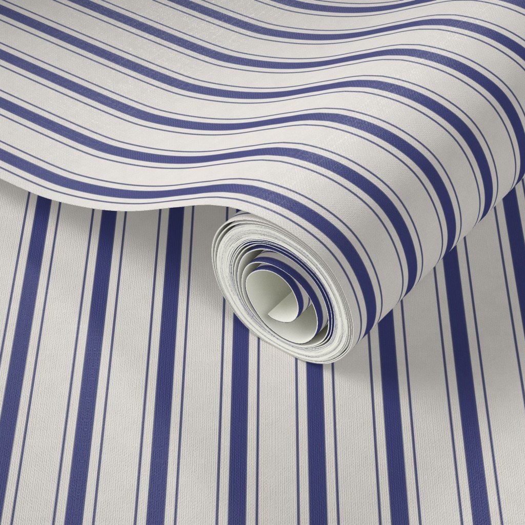 Mini Cornflower Blue Antique Vintage Mattress Ticking Stripe on Wallpaper blue stripes wallpaper