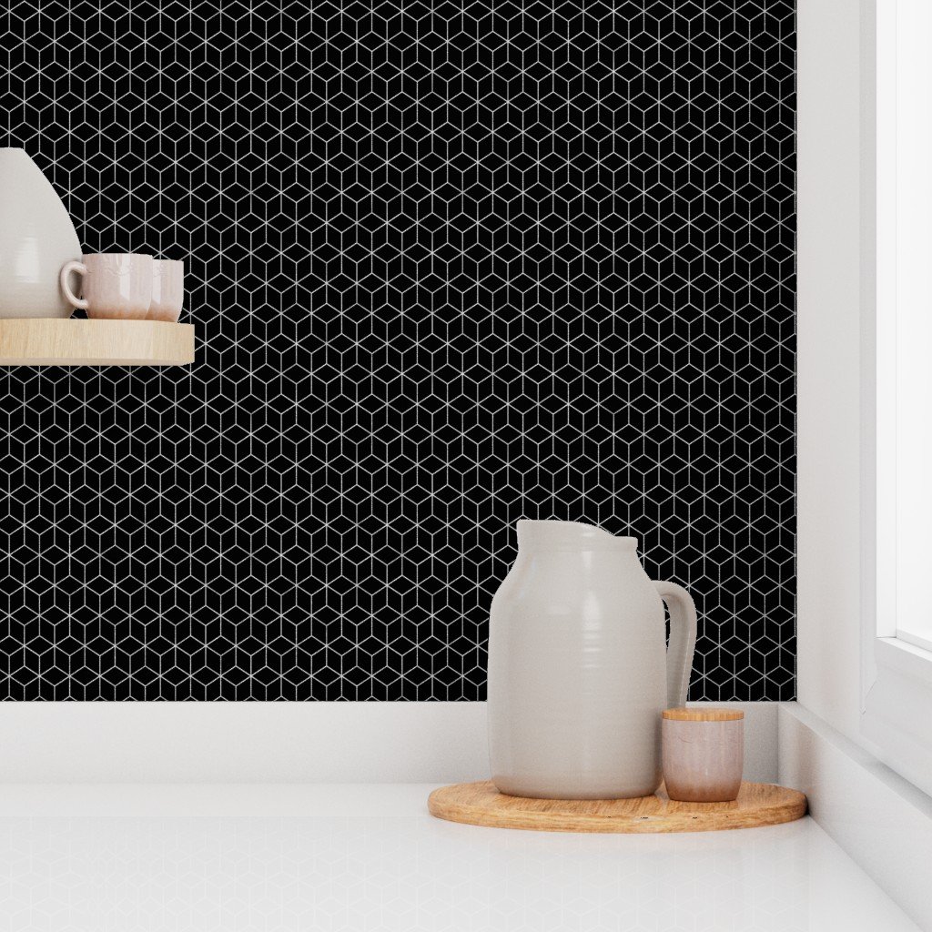Small Black and Faux Metallic Silver Art Deco 3D Geometric Cubes Wallpaper faux metallic wallpaper