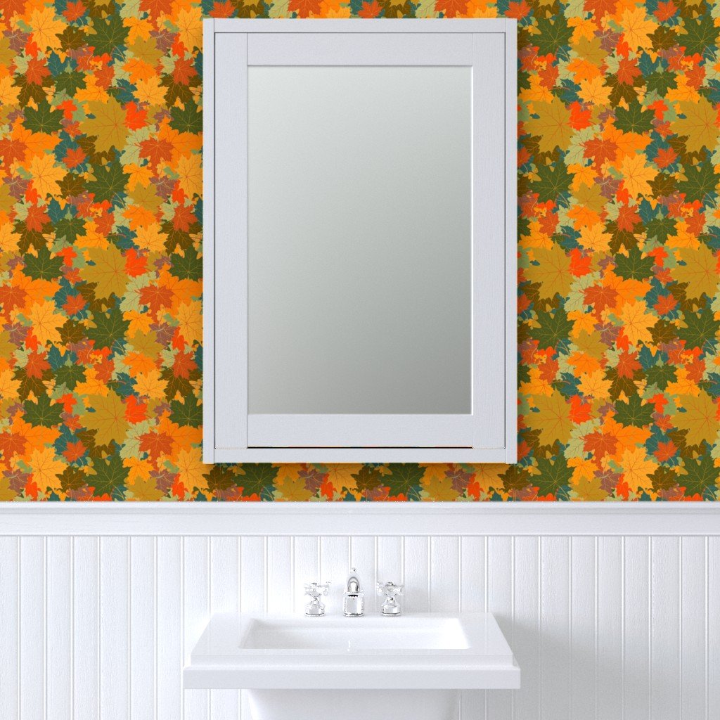 Smaller Autumn Leaves Scattered in Gold Red Brown and Green Wallpaper green leaves wallpaper