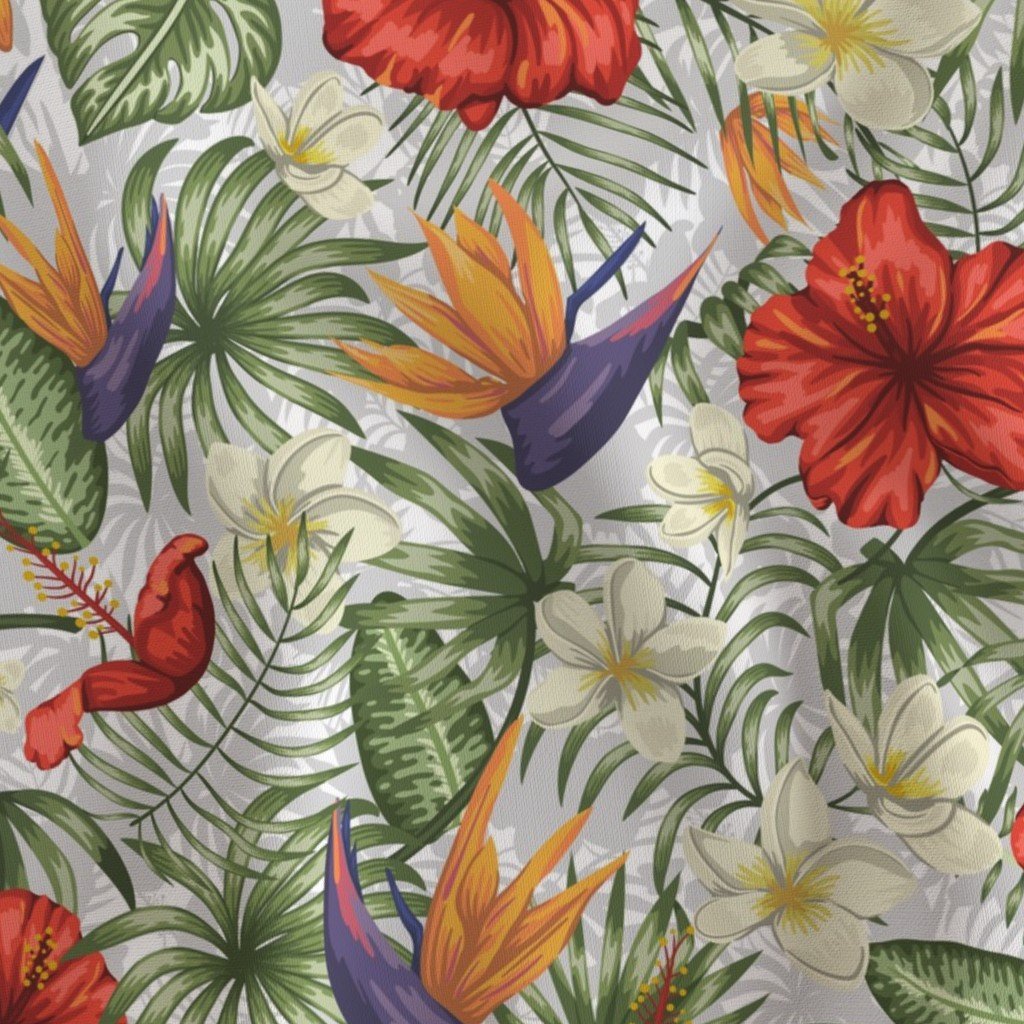 White and Red Hawaiian Hibiscus Birds of Paradise and Plumeria Fabric birds of paradise fabric