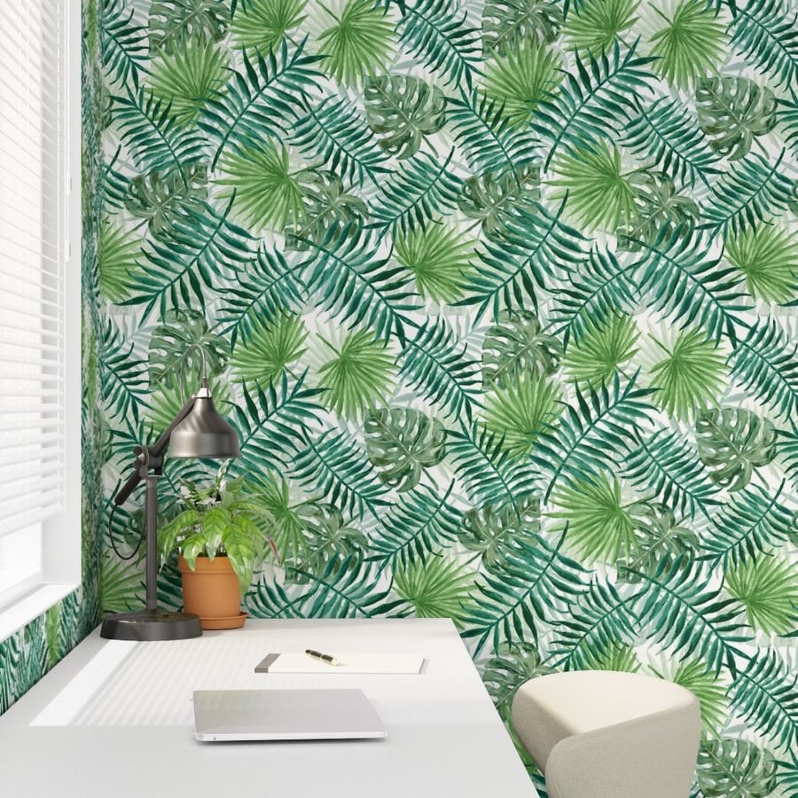 Large Green Fern Palm and Monstera Tropical Plants Wallpaper bright green wallpaper
