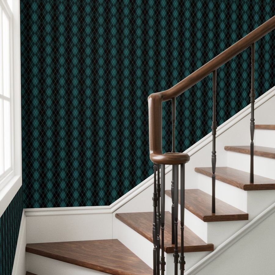 Dark Teal Argyle Diamond Check Wallpaper mockup view