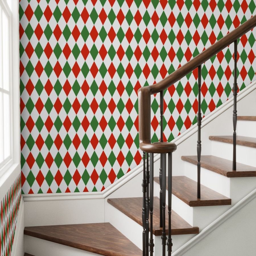 Jumbo Red Green Christmas Harlequin Diamond Check Wallpaper green diamonds wallpaper