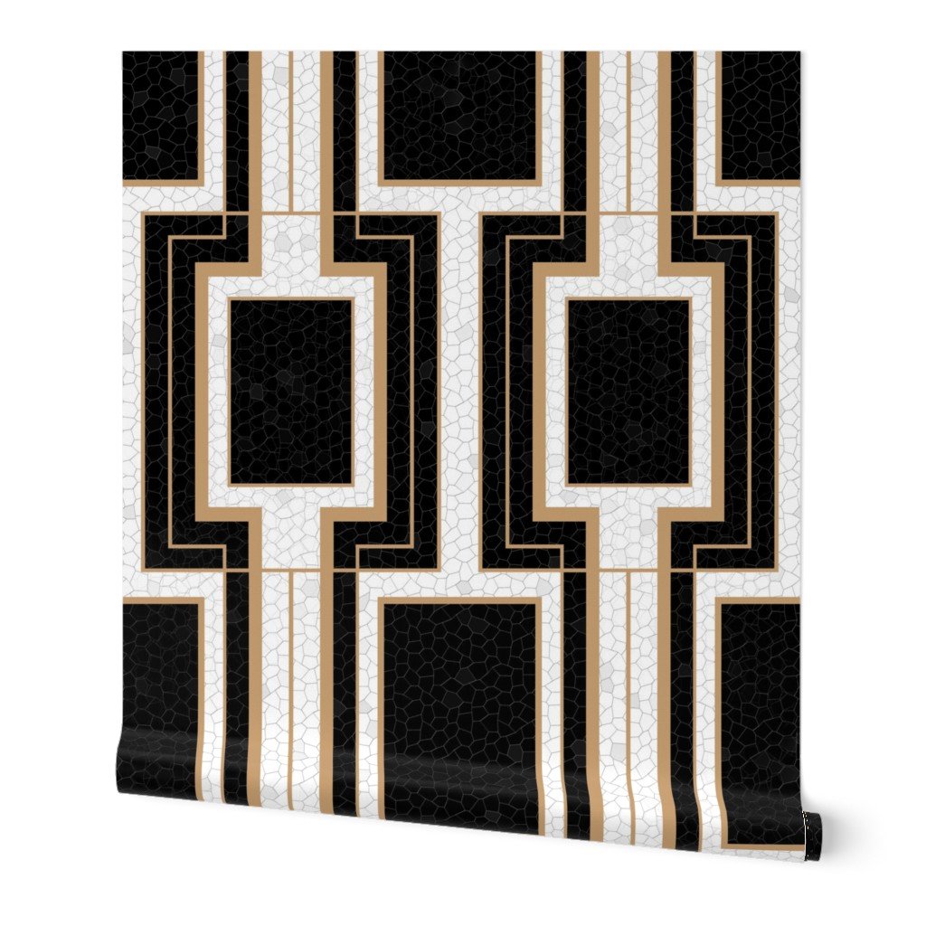 Jumbo Art Deco Geometric Rectangles in Cracked Black and Faux Gold Wallpaper eggshell pattern wallpaper