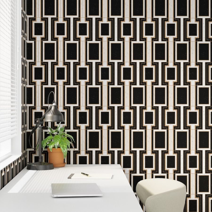 Small Art Deco Geometric Rectangles in Cracked Black and Faux Gold Wallpaper faux fold wallpaper