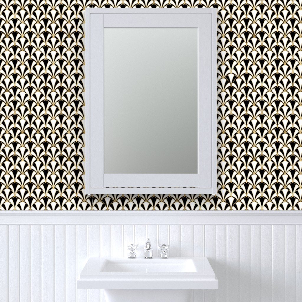 Scallop Shells in Black and Gold Art Deco Vintage Foil Pattern Wallpaper art deco wallpaper