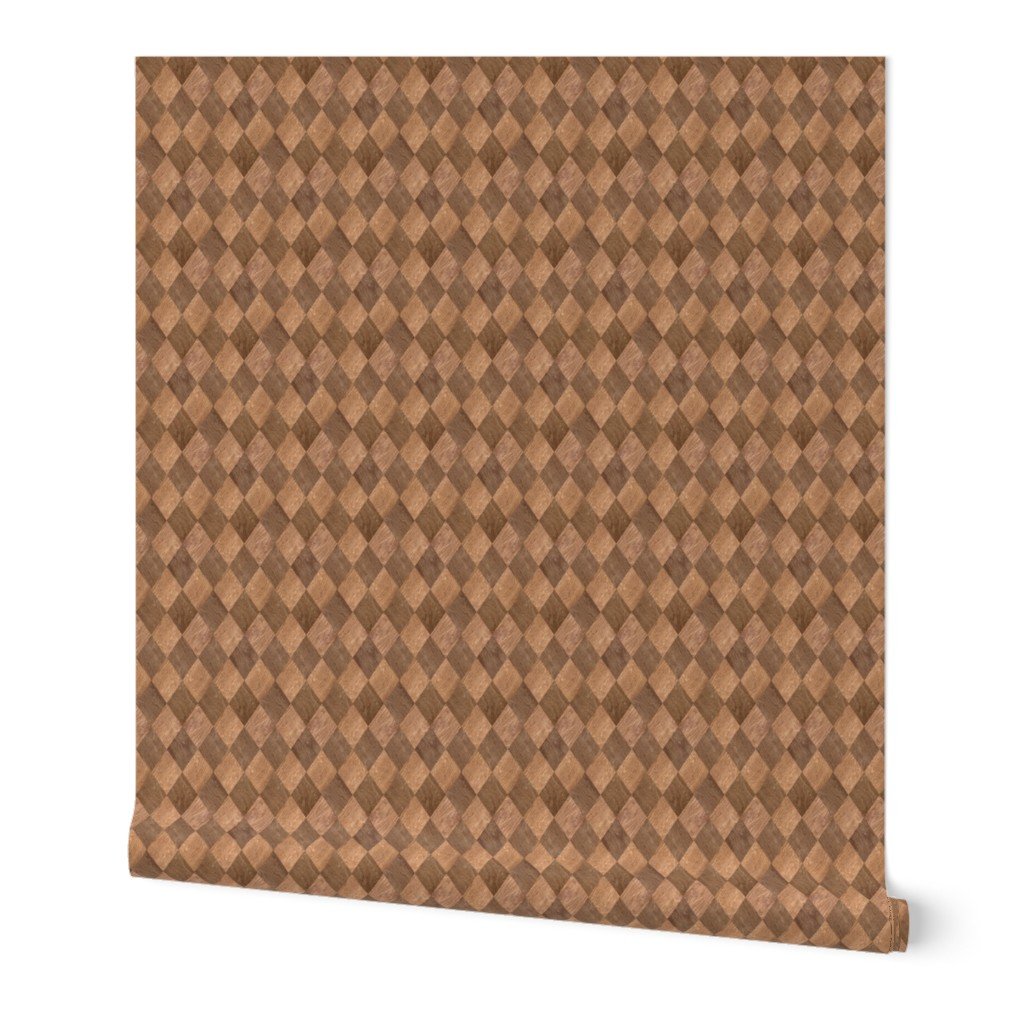 Small Light and Dark Wood Harlequin Diamond Check Marquetry Wallpaper brown tones wallpaper