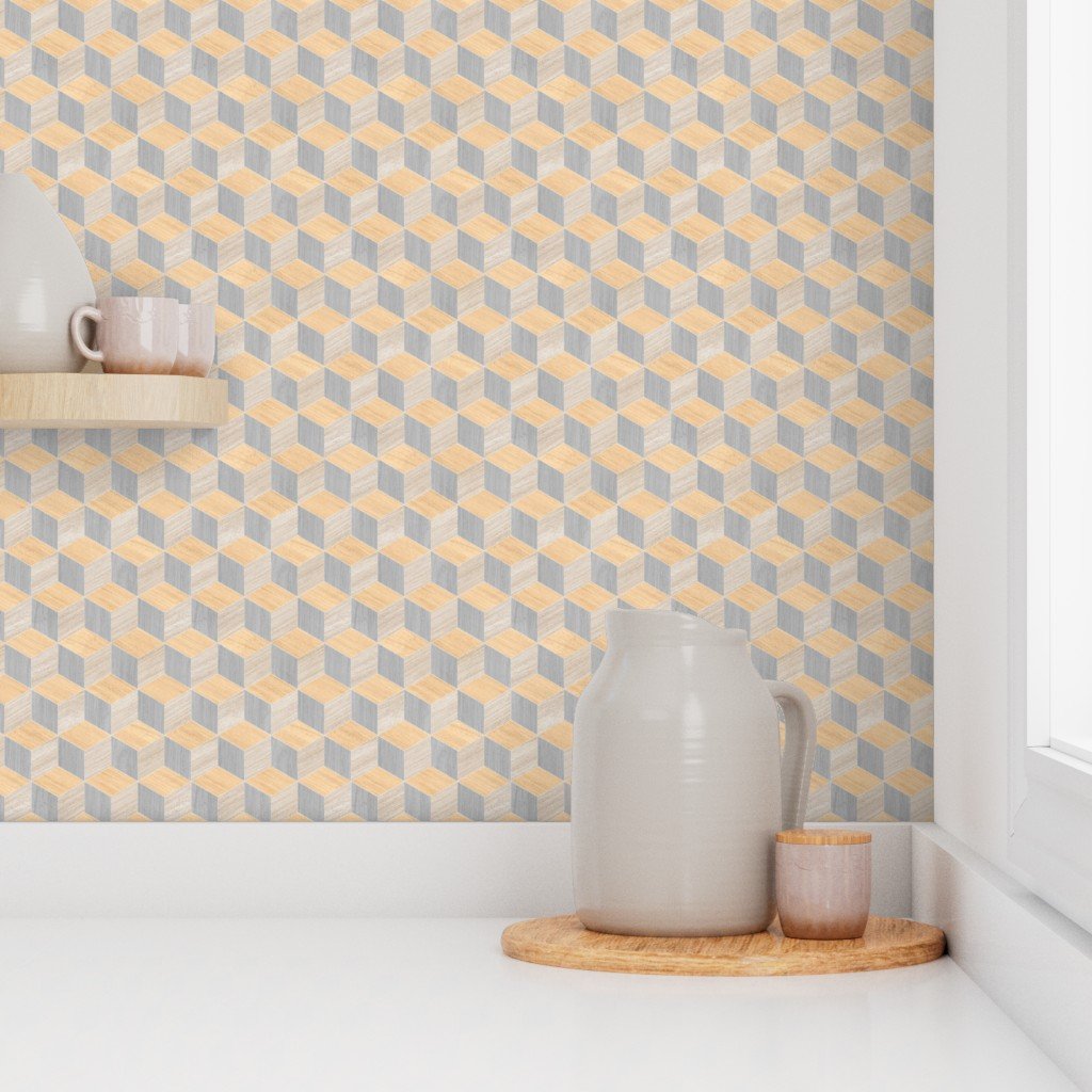 Geometric Wood Grain Cubes in Oak Ash and White Pine Panels Wallpaper white pine wallpaper