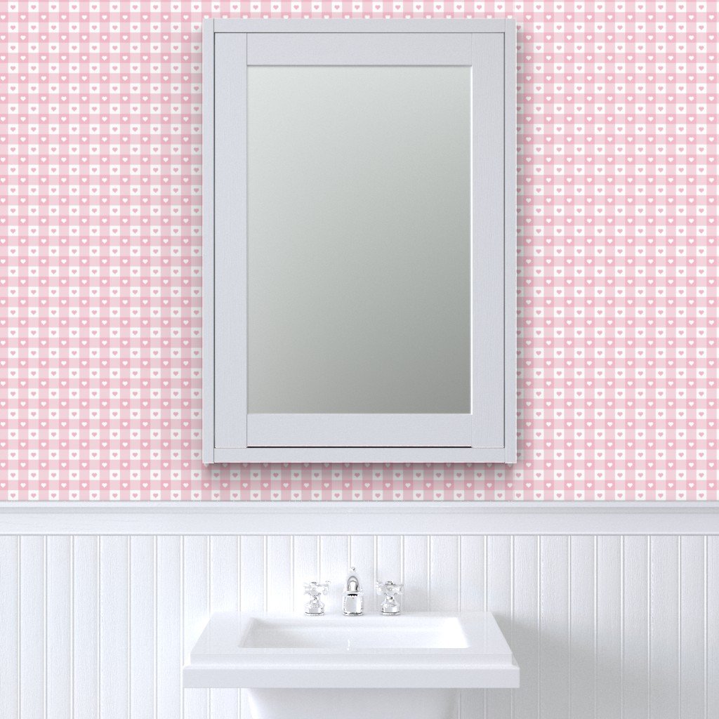 Cotton Candy and White Gingham Valentines Check with Center Heart Wallpaper hearts motif wallpaper