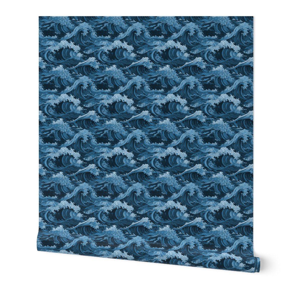 Japanese Woodcut Big Tsunami Waves in Shades of Mid-Blue Wallpaper japanese woodcut wallpaper