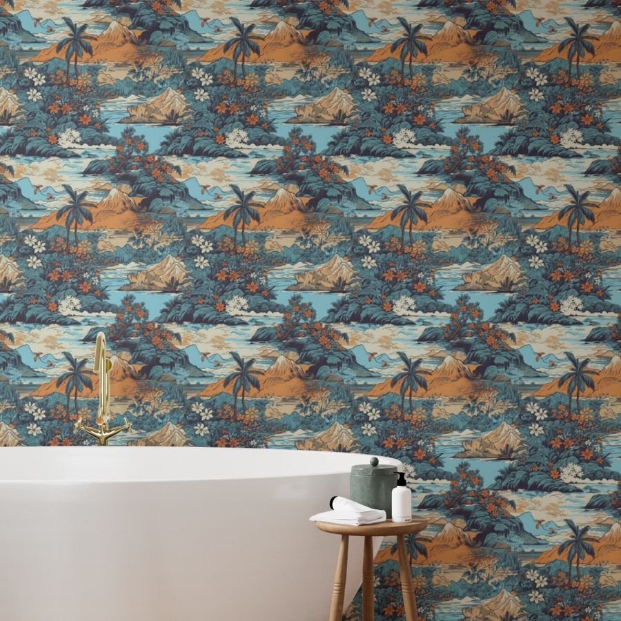 Vintage Hawaiian Landscape Blue Wallpaper vintage print wallpaper