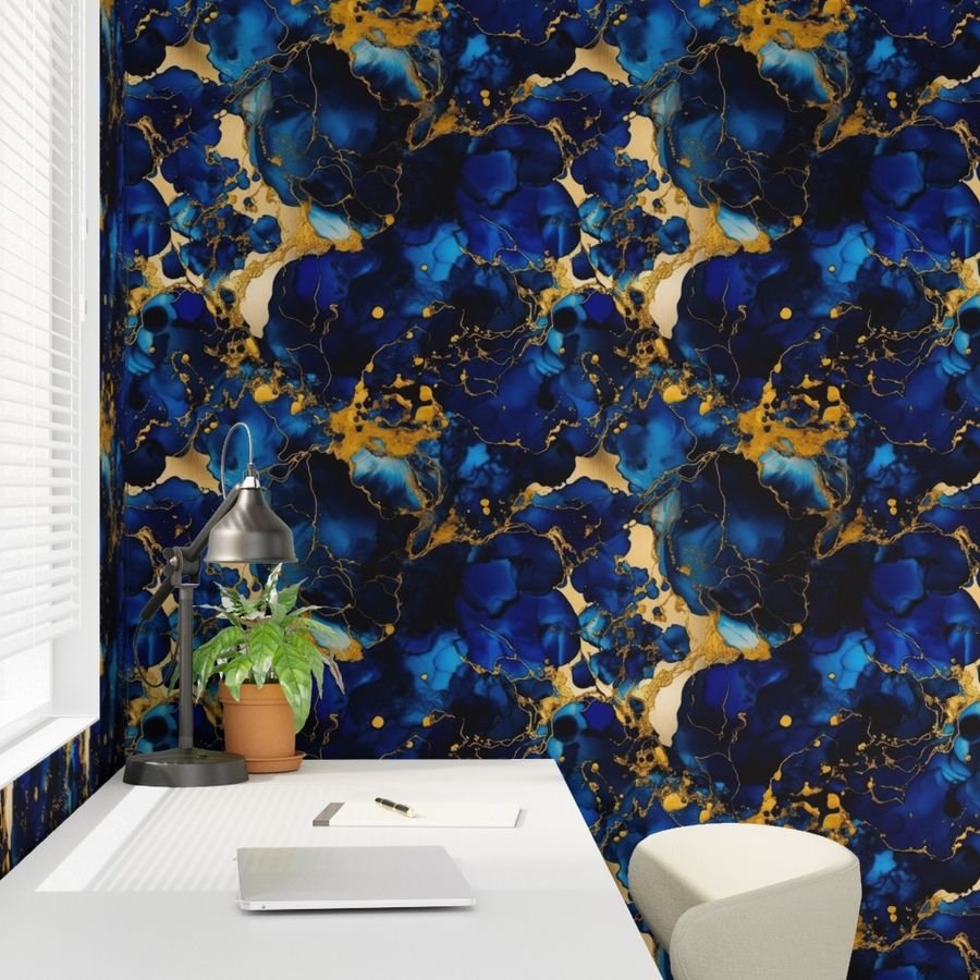 Cobalt Blue and Gold Alcohol Ink 2 Wallpaper marbled ink wallpaper