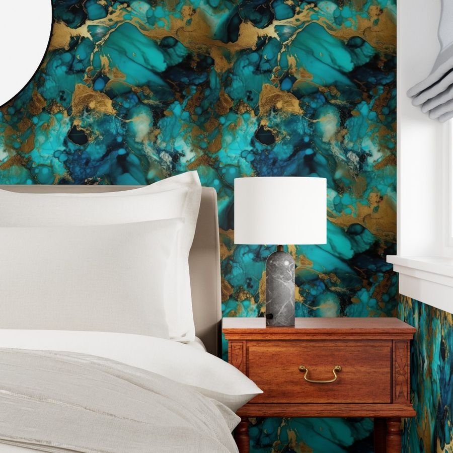 Turquoise and Gold Alcohol Ink 1 Wallpaper marbled pattern wallpaper