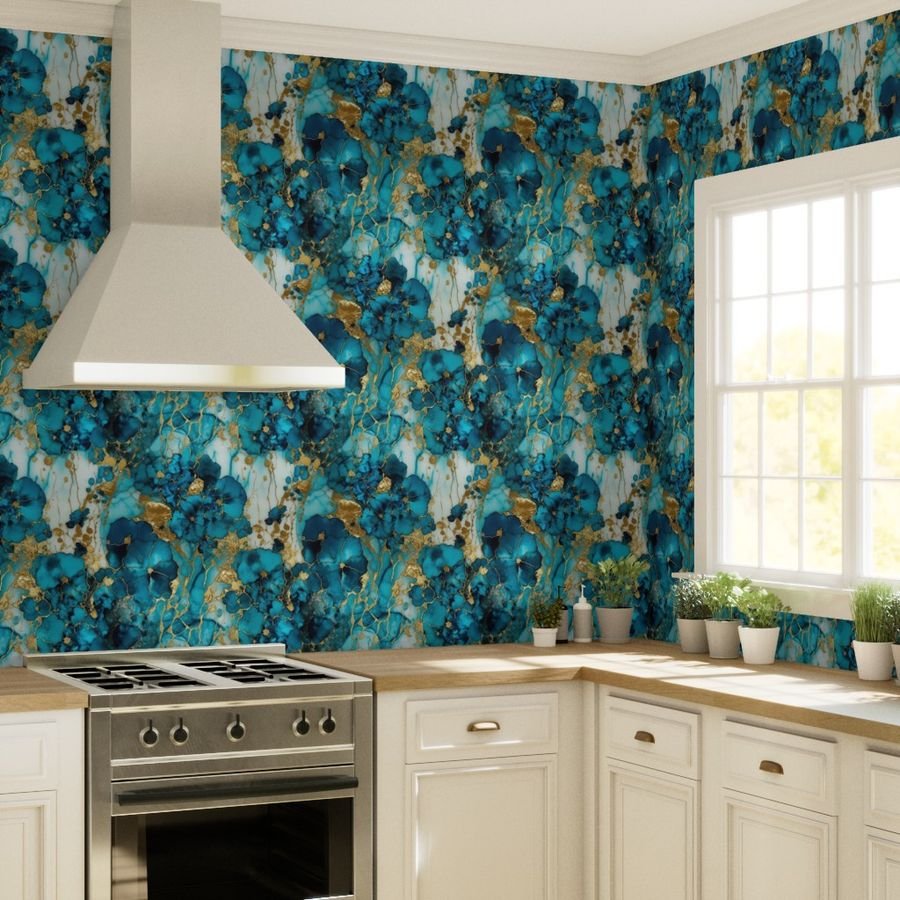 Turquoise and Gold Alcohol Ink 4 Wallpaper marbled pattern wallpaper