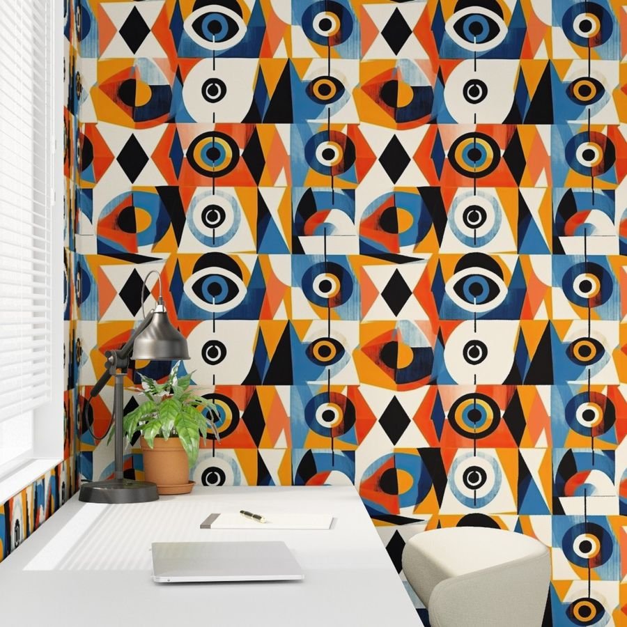 Evil Eye in Geometric Pattern of Bright Colors Wallpaper abstract art wallpaper