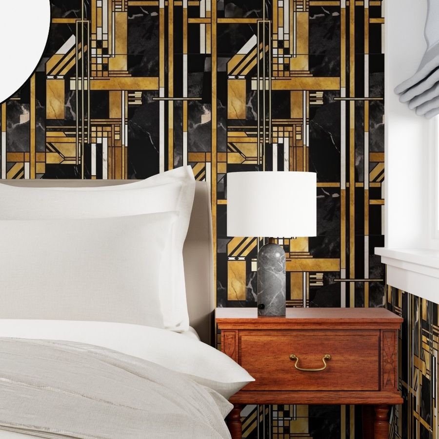 De Stijl Geometric Art Deco Pattern in Black and Gold Wallpaper abstract art wallpaper