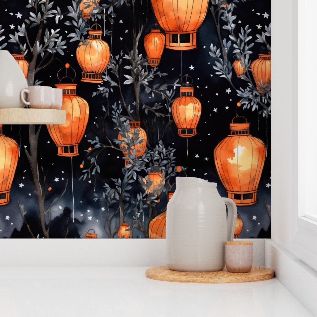 Orange Glowing Chinese Paper Lanterns Watercolor Wallpaper paper lanterns wallpaper