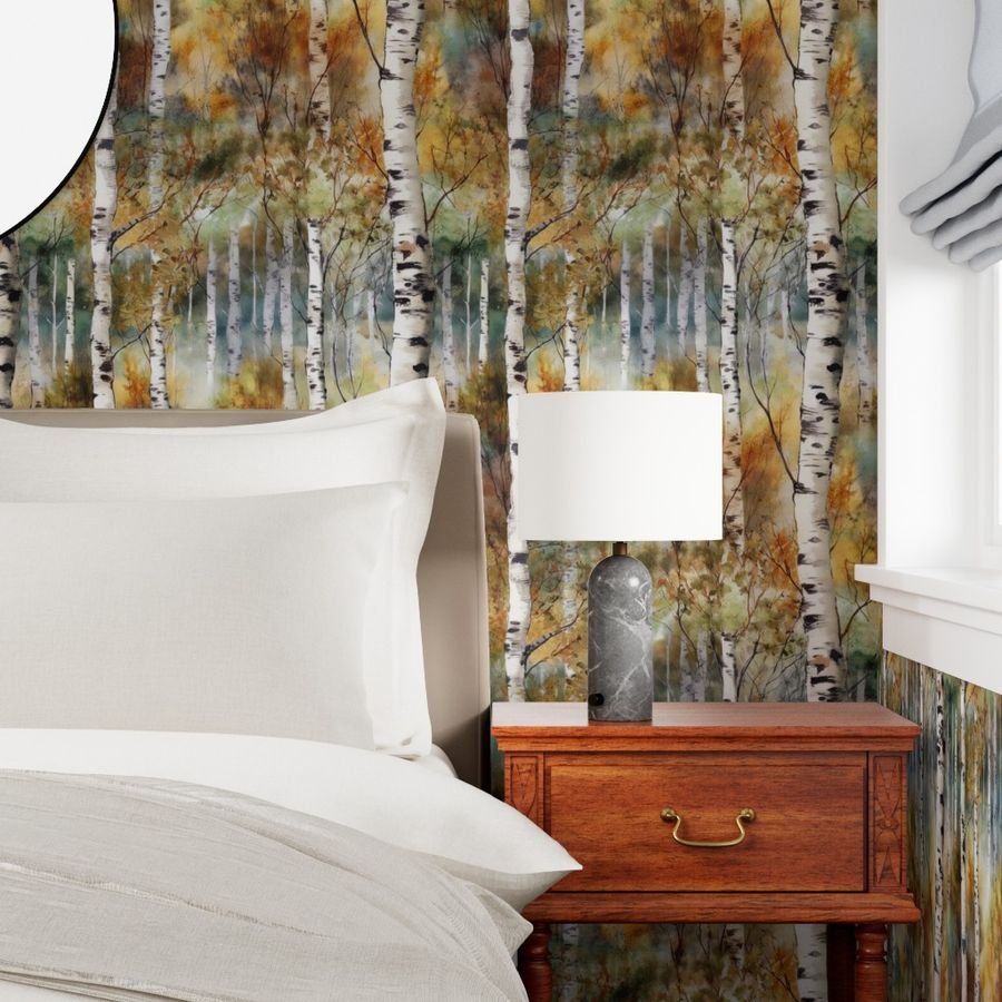 Endless Birch Tree Dreamscape Trees in Misty Forest Watercolor Wallpaper seamless forest wallpaper