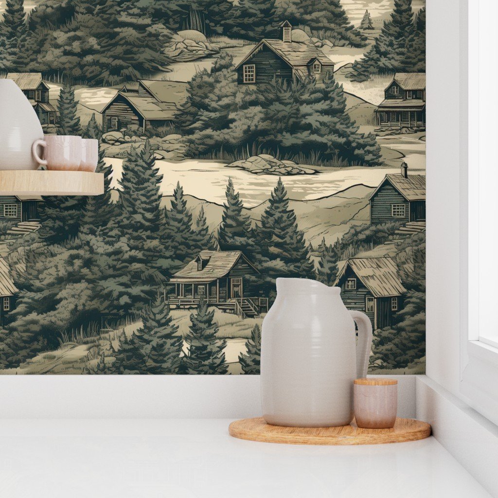 Montana Treescape Evergreens with Cabins Wallpaper western trees wallpaper