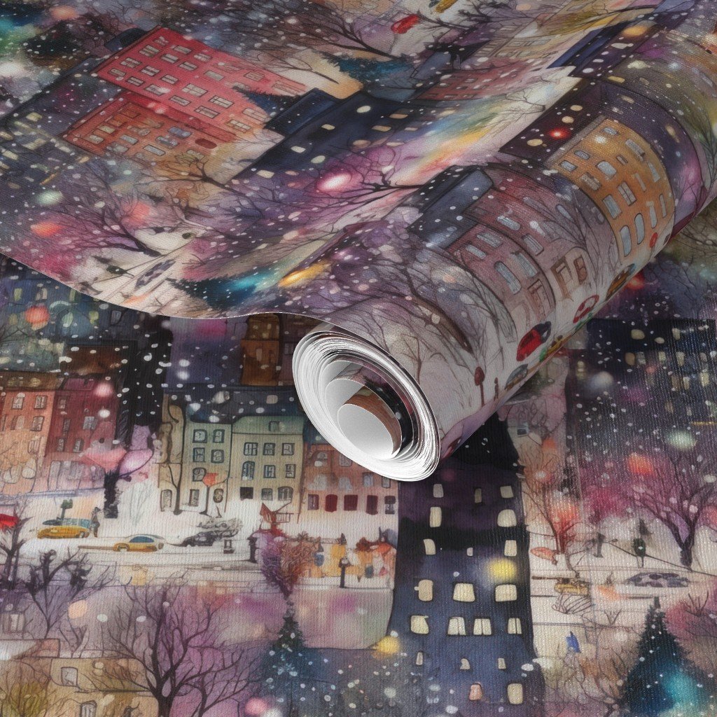 New York City Christmas Street Watercolor Wallpaper city houses wallpaper