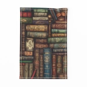 Stacked Bound Vintage Books on Library Book Shelf Decor Collection Home Decor Collection leather books tea towel design