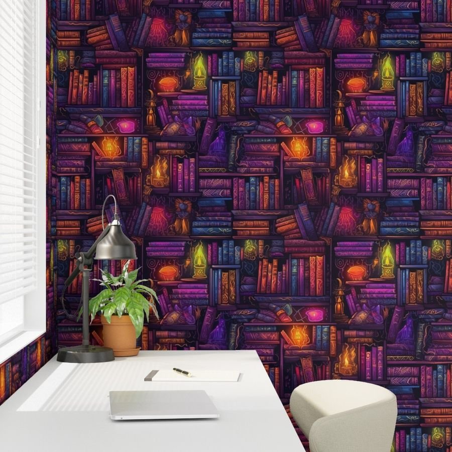 Witch Spooky Neon Halloween Books on Library Spell Book Shelf Wallpaper neon books wallpaper