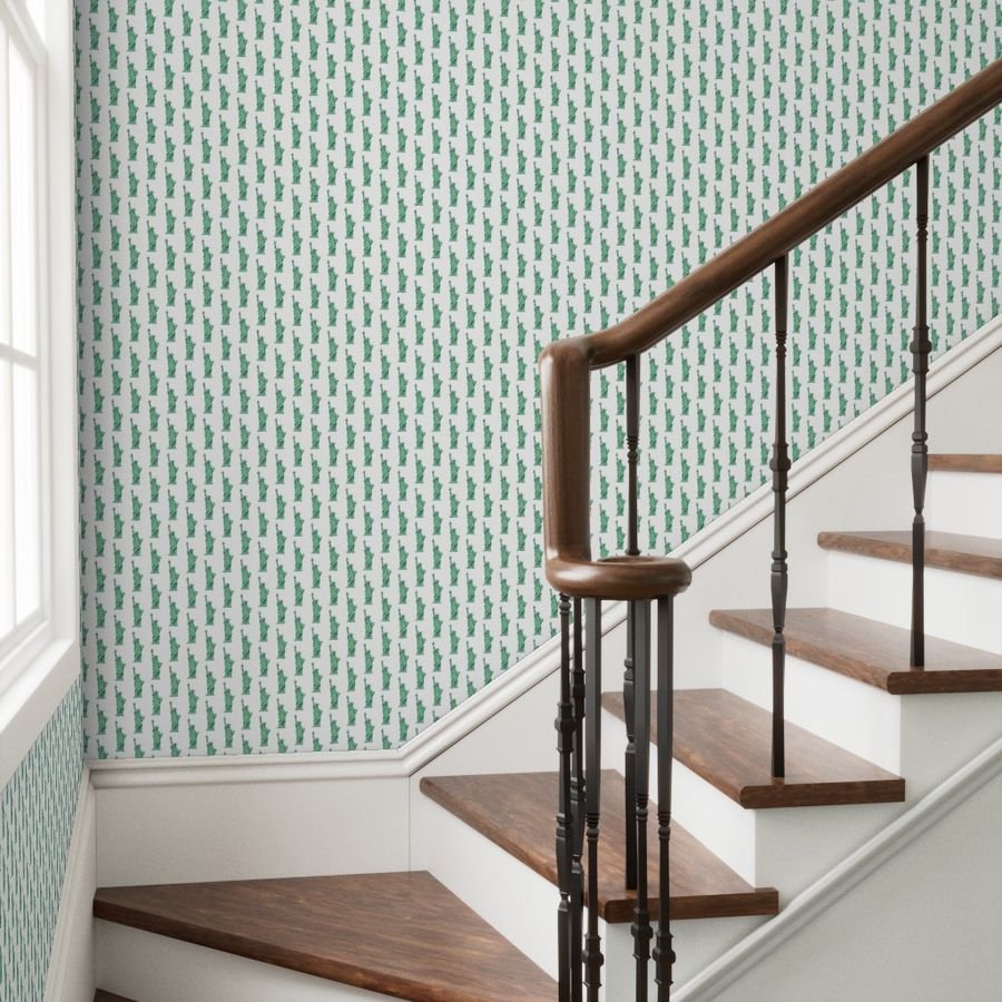 Mini Lady Liberty Statues Repeat in Beguiling Green on White Wallpaper oxidized copper wallpaper