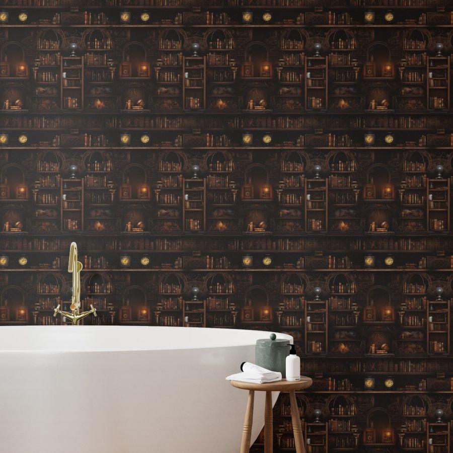 Spooky Photo realistic Dark Academia Stampunk Bookshelves in Muted Wallpaper spooky library wallpaper