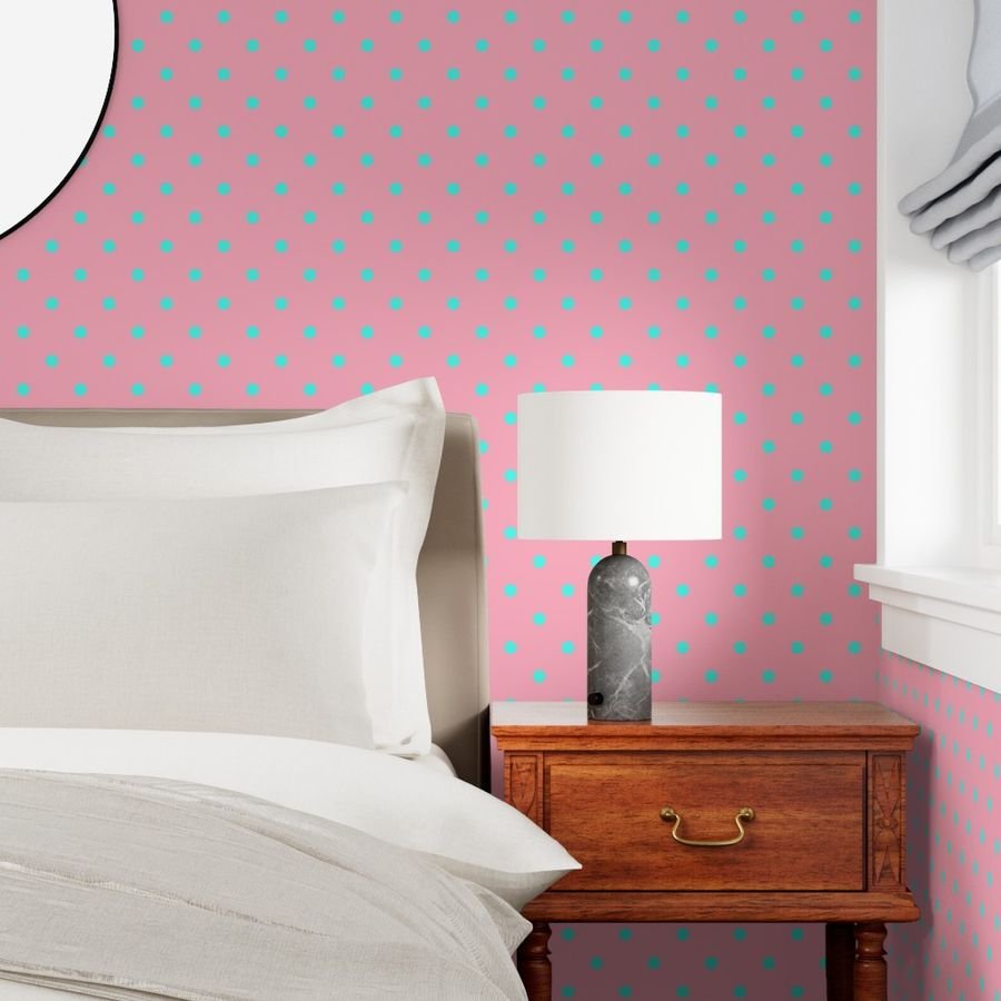 Large Polka Dots in South Beach Aqua Blue on Palm Beach Pink Wallpaper palm beach pink dots wallpaper