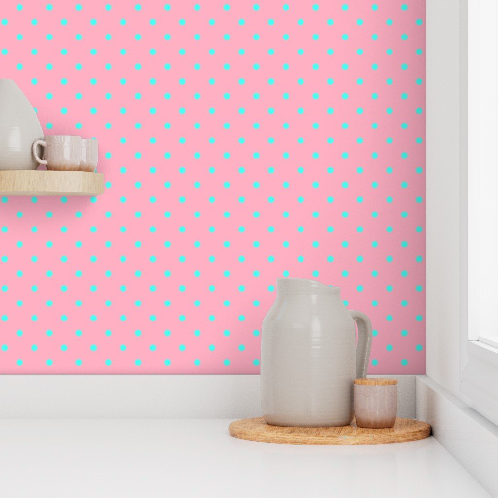 Small Polka Dots in South Beach Aqua Blue on Palm Beach Pink Wallpaper island dots wallpaper