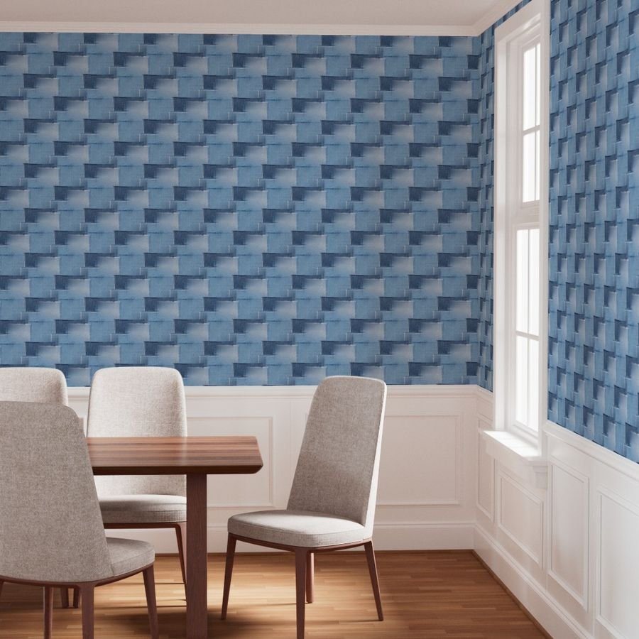 Abstract Patchwork Pattern of Frayed and Fringed Patches of Blue Wallpaper denim cloth wallpaper