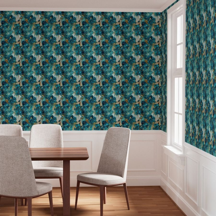 Small Turquoise and Gold Alcohol Ink 4 Wallpaper marbled pattern wallpaper
