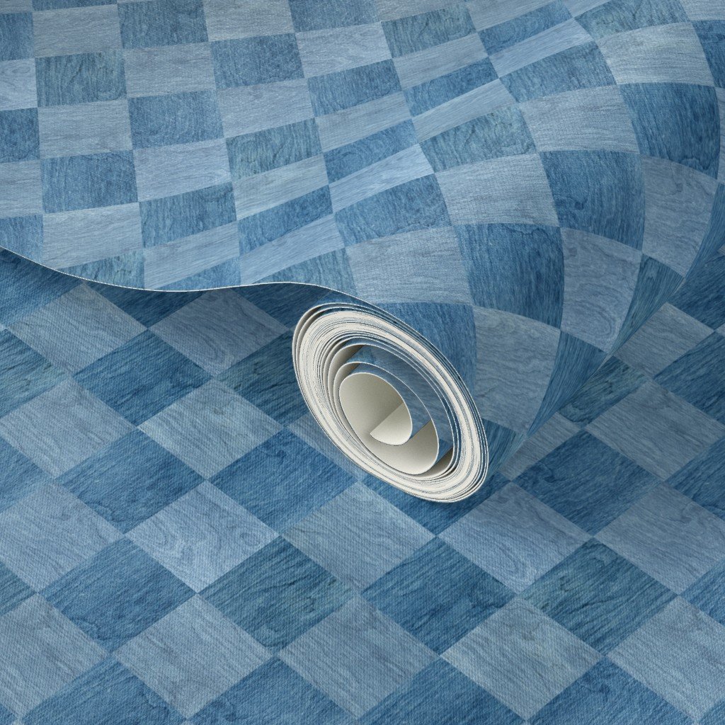 2 inch Diagonal Light and Dark Blue Stained Wood Checkerboard Chess Wallpaper wood tiles wallpaper