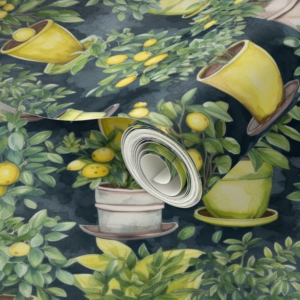Potted Lemon Trees Watercolor on Dark Green Wallpaper potted plants wallpaper