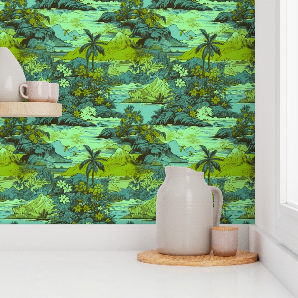 Small Vintage Hawaiian Landscape in Lime and Aqua Wallpaper lime hawaii wallpaper