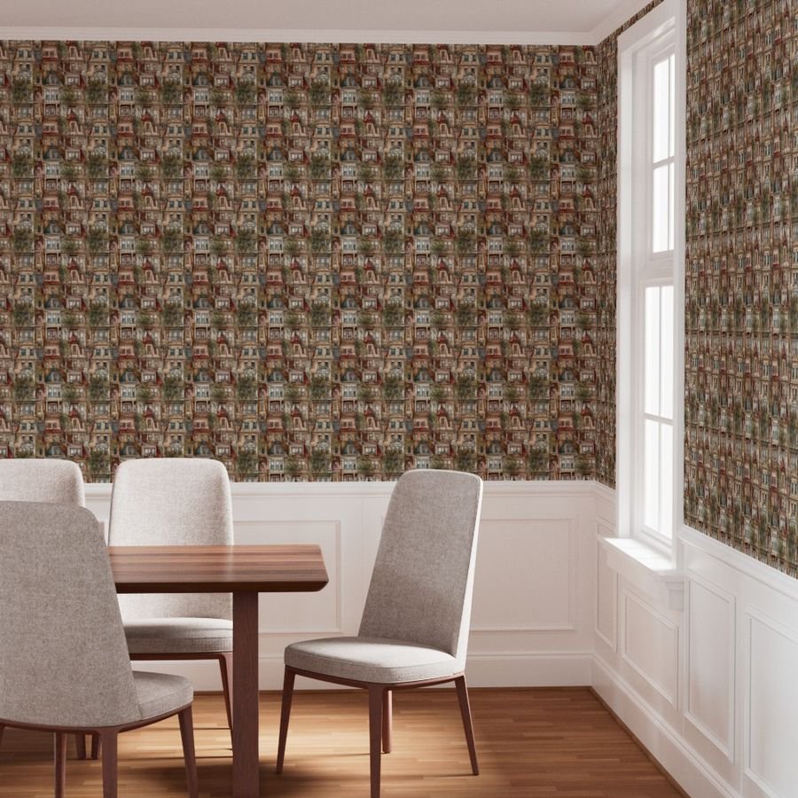 Brownstone Buildings in Varied Tones of Brown Watercolor Wallpaper arched windows wallpaper