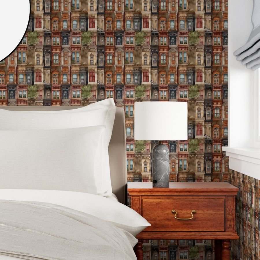 Brownstone Buildings in Varied Tones of Brown Watercolor Wallpaper arched windows wallpaper