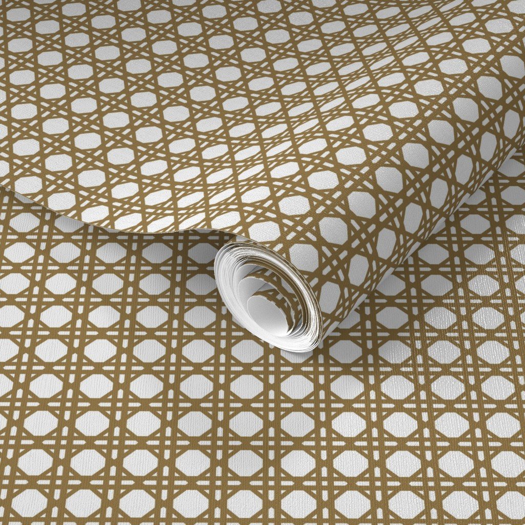 Tan on White Rattan Caning Pattern Wallpaper tan caning wallpaper