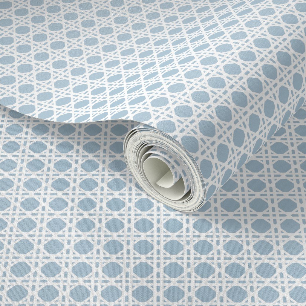 White on Sky Blue Rattan Caning Pattern Wallpaper sky blue rattan wallpaper