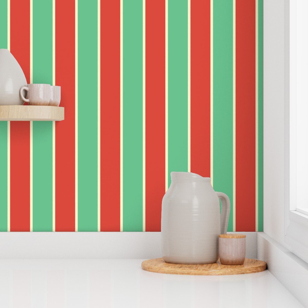 3 Inch Red Vermillion Green and Yellow Gold Vintage Christmas Stripe Wallpaper red vermillion strip wallpaper